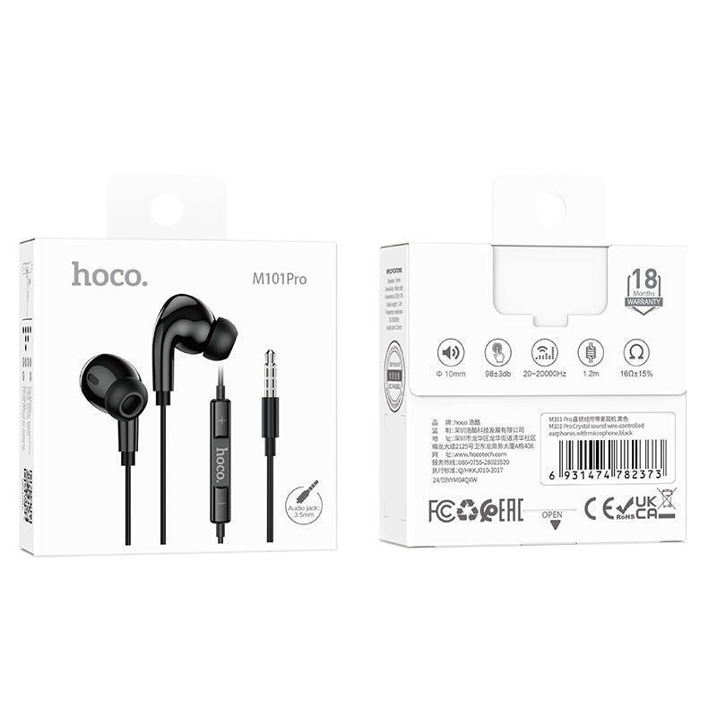 hoco. Crystal 3.5mm Earphones with Microphone M101 Pro Black