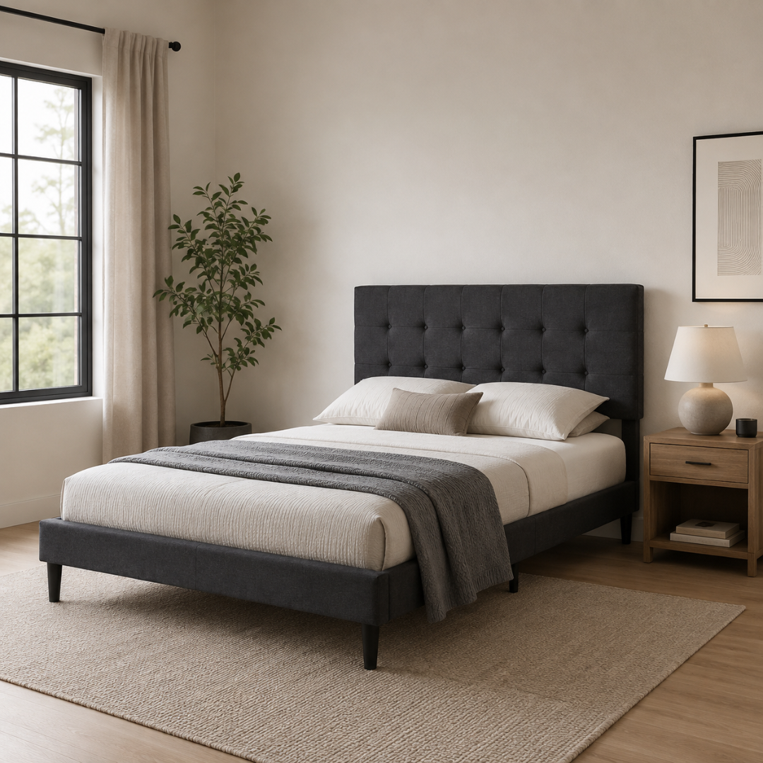 Elara Tufted Bed Frame – Queen Charcoal Black