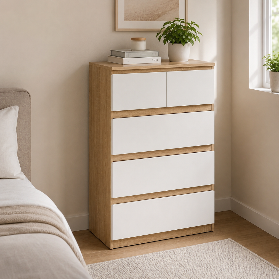 Arlo 5-Drawer Tallboy – Light Oak & White