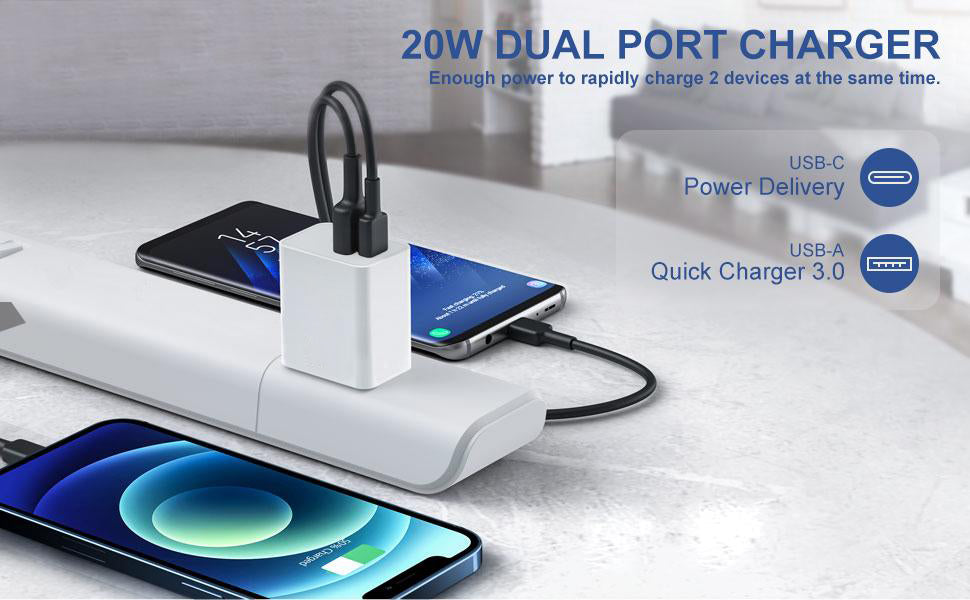 20W USB-C & USB-A Wall Charger for iPhone, Samsung & Huawei