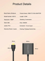 Mindpure AD012 HDMI to VGA Adapter with Audio - 1080p, Black