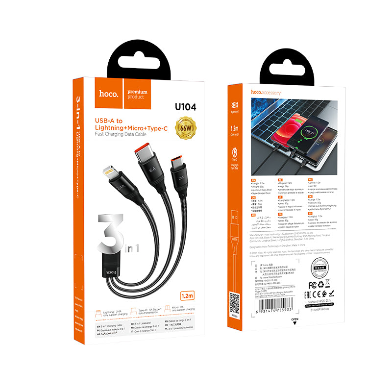 hoco. 3-in-1 Type-C Lightning Micro-USB Charging Data Cable U104