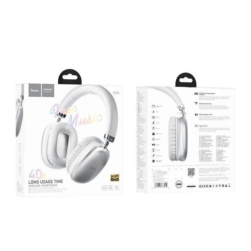 Hoco W35 Wireless Headphones - 40 Hour Battery - silver