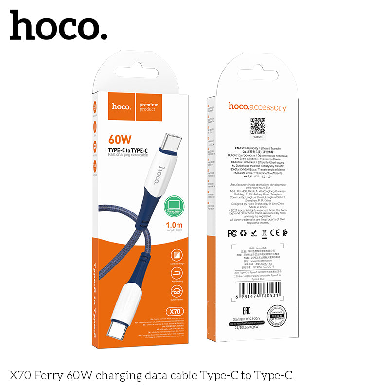 hoco. X70 Type-C to Type-C Vanco 60W Charging Cable White