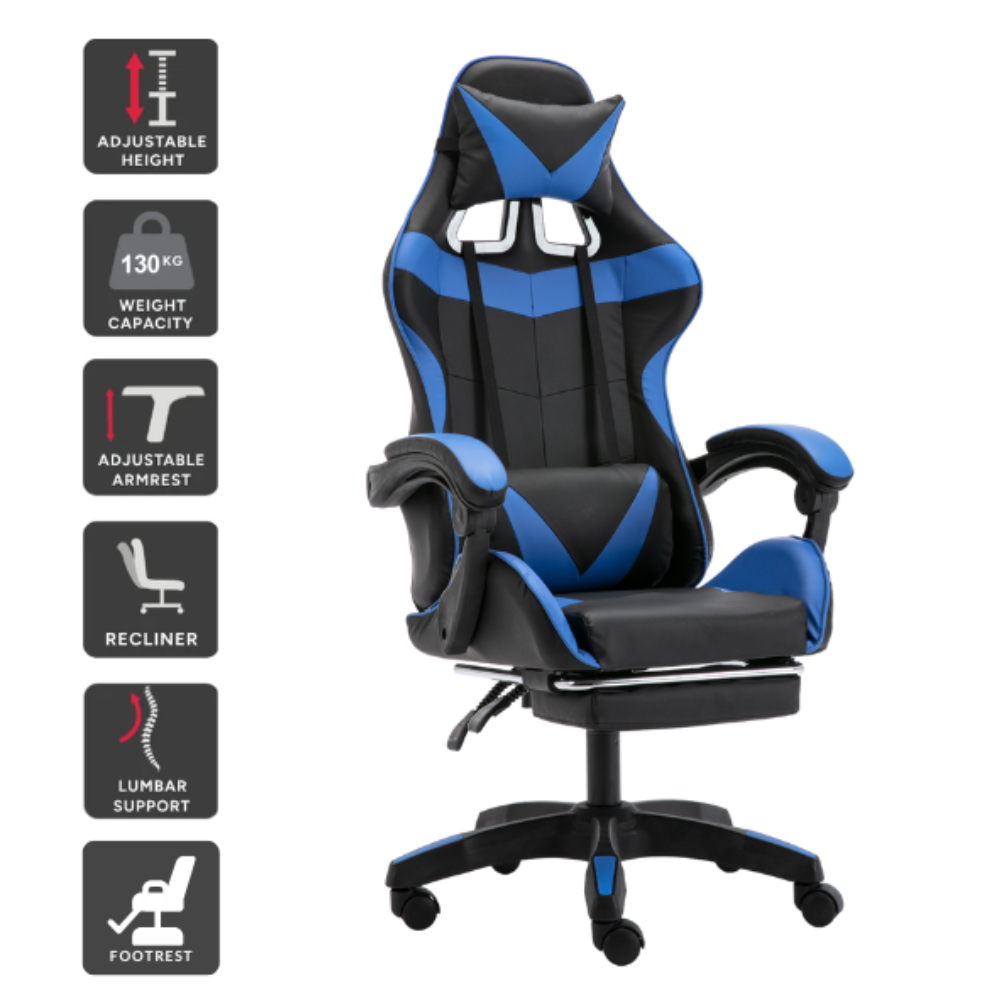 Ergonomics Gaming Chair with Footrest - Black & Blue