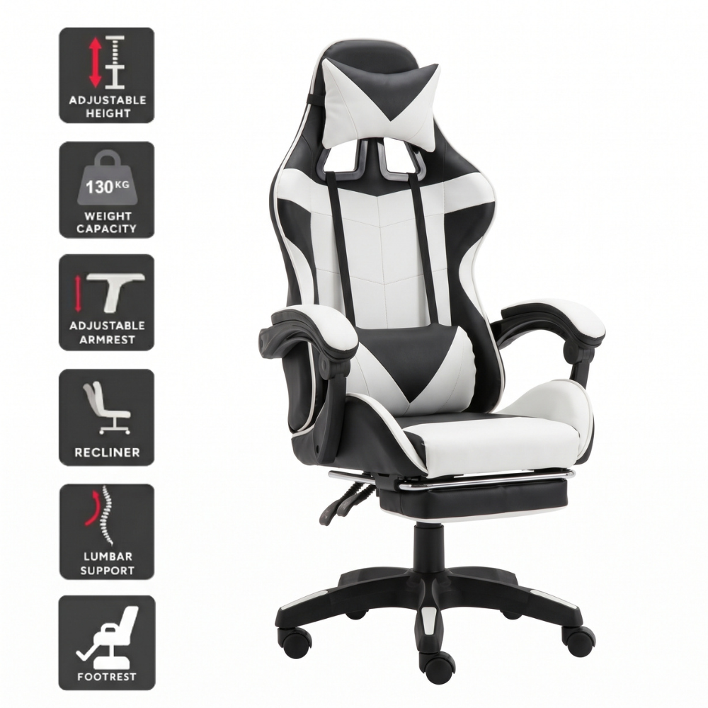 Ergonomics Gaming Chair with Footrest - Black & White