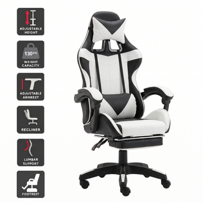 Ergonomics Gaming Chair with Footrest - Black & White
