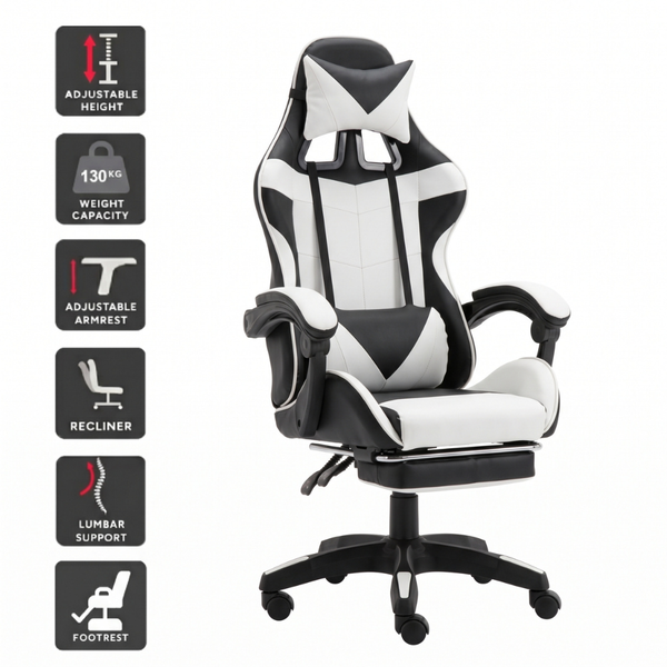 Ergonomics Gaming Chair with Footrest - Black & White