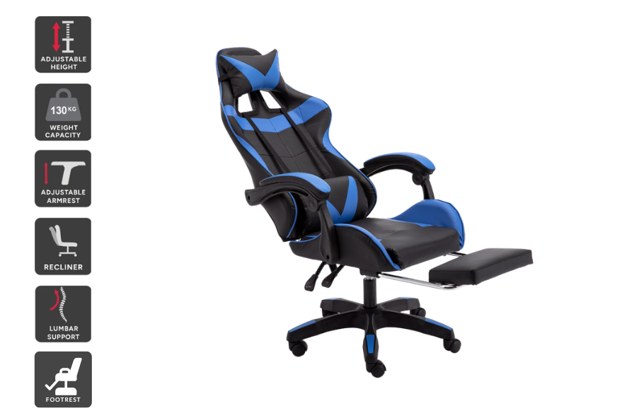 Gaming Chair with Headrest Footrest and Lumbar Support Blue