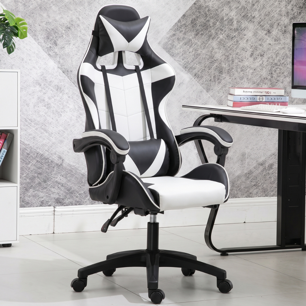 Ergonomics Gaming Chair with Footrest - Black & White