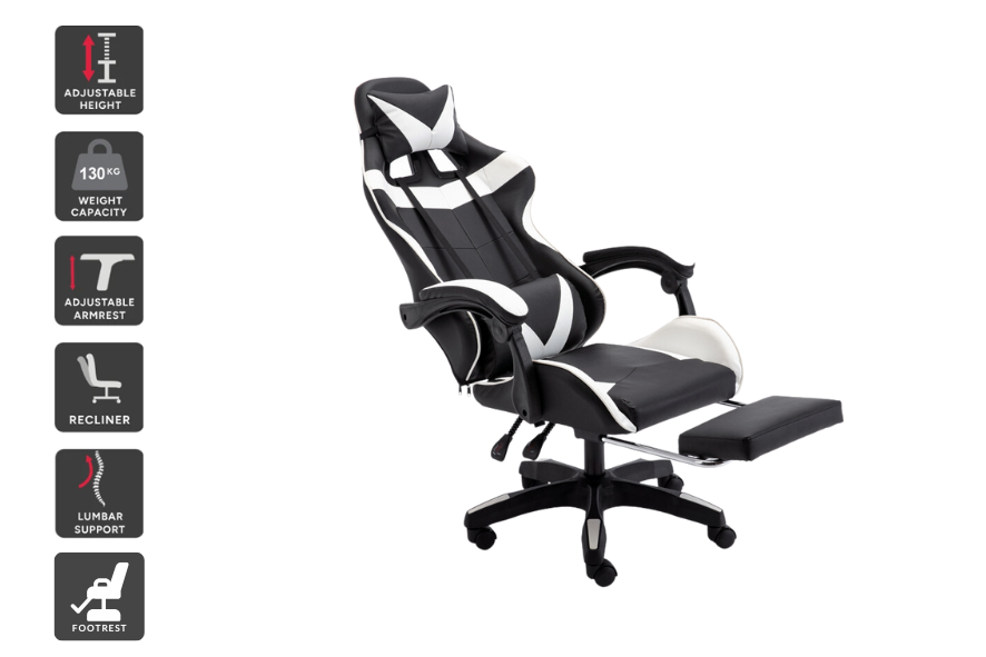 Gaming Chair with Headrest Footrest and Lumbar Support White