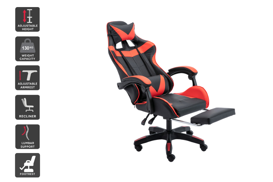 Gaming Chair with Headrest Footrest and Lumbar Support Red