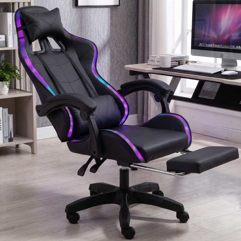 RGB LED Reclining Gaming Chair with Footrest