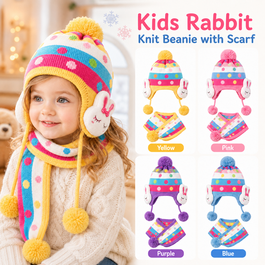 Kids Hat, Baby Children Rabbit Knit Beanies with Scarf - 4 Colours Available