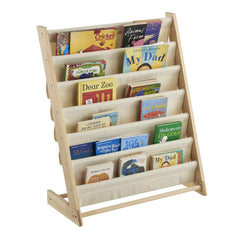 Nursery Pine Wood Bookshelf with Canvas Shelves