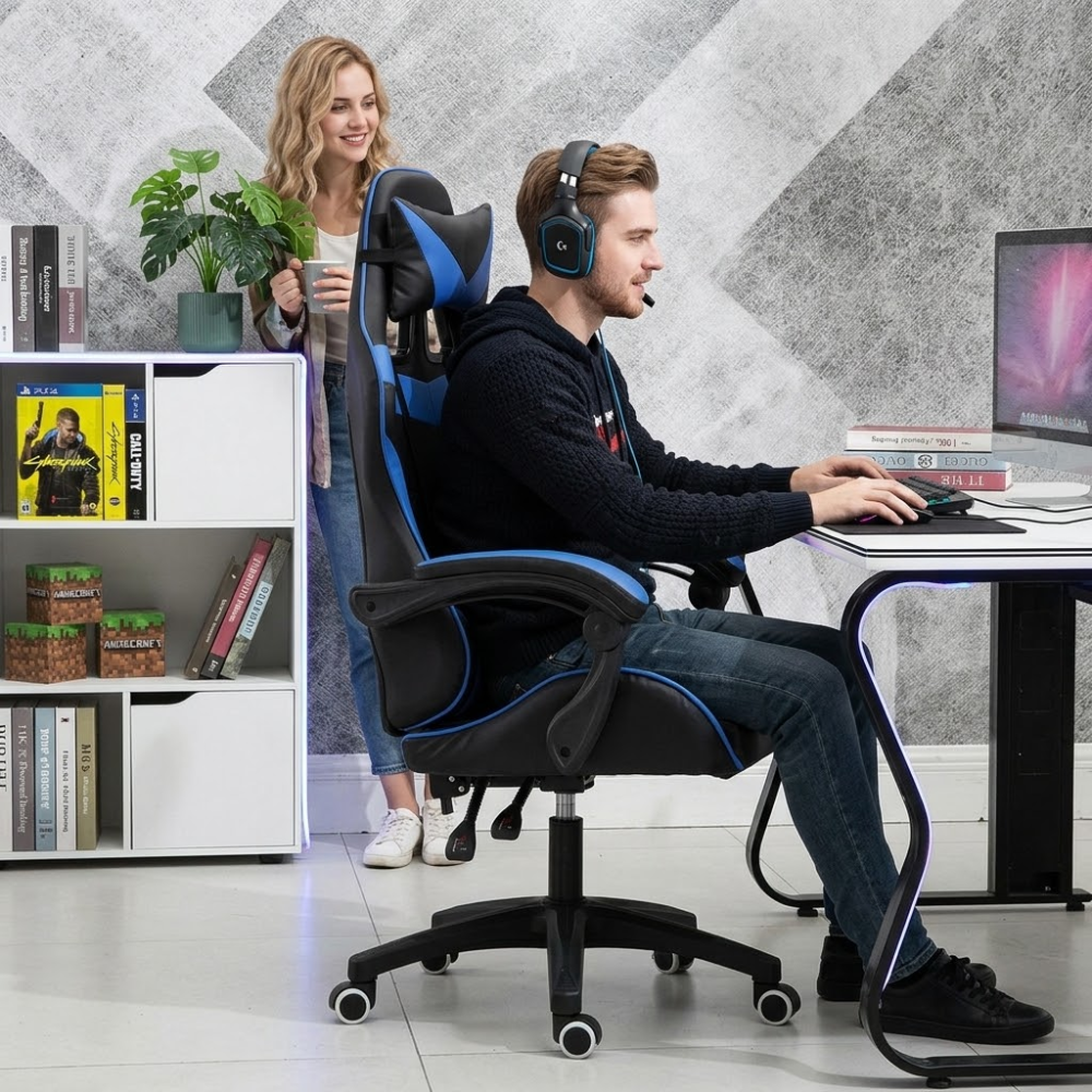 Ergonomics Gaming Chair with Footrest - Black & Blue