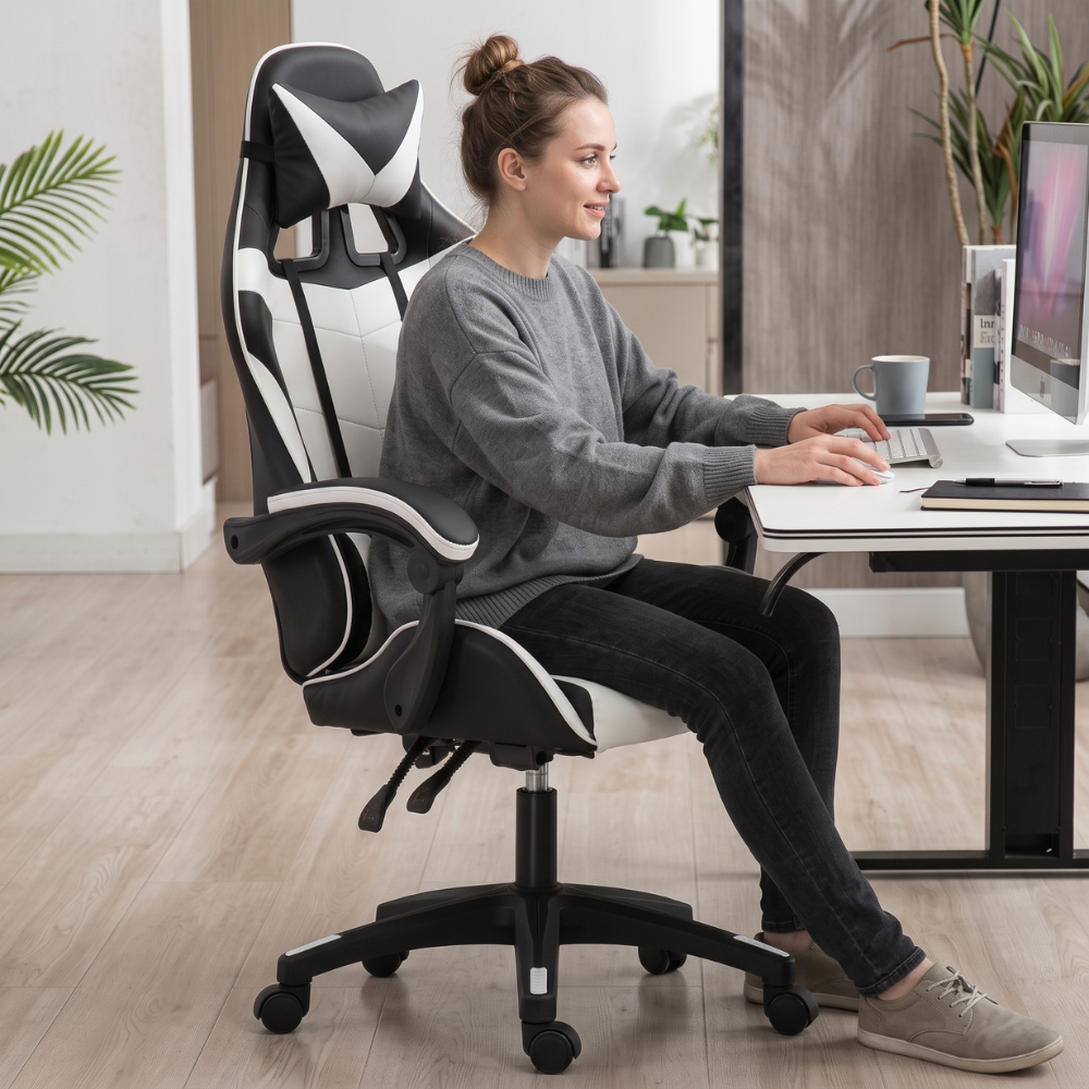 Ergonomics Gaming Chair with Footrest - Black & White