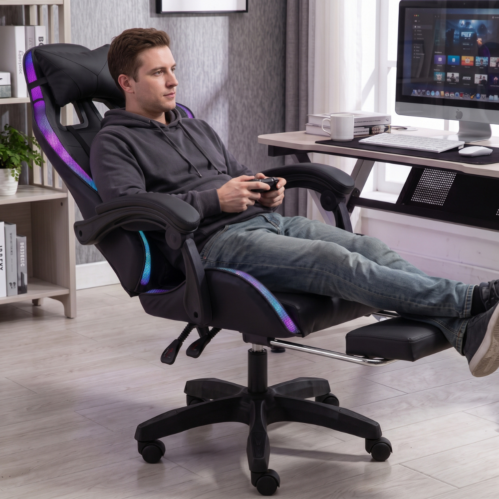 RGB LED Reclining Gaming Chair with Footrest