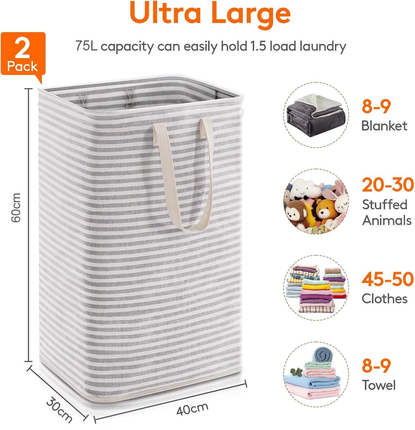 2 Pack 75L Laundry Hamper - Stripe