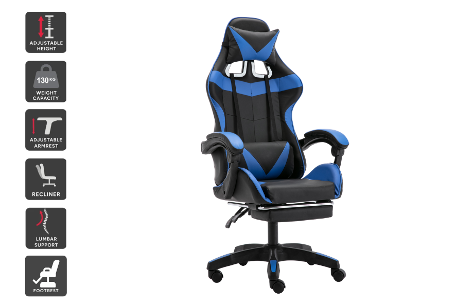 Gaming Chair with Headrest Footrest and Lumbar Support Blue