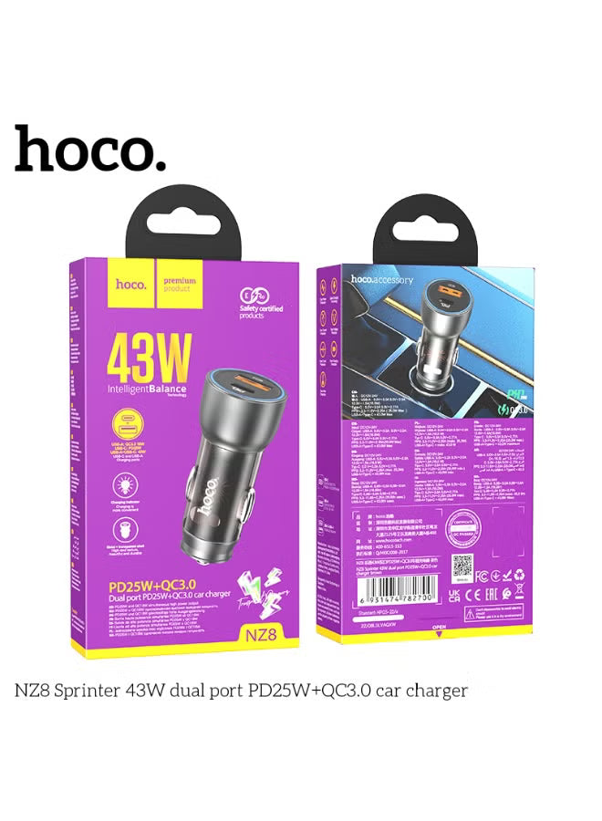 NZ8 43W Dual Port Car Charger - PD25W + QC3.0, Blue