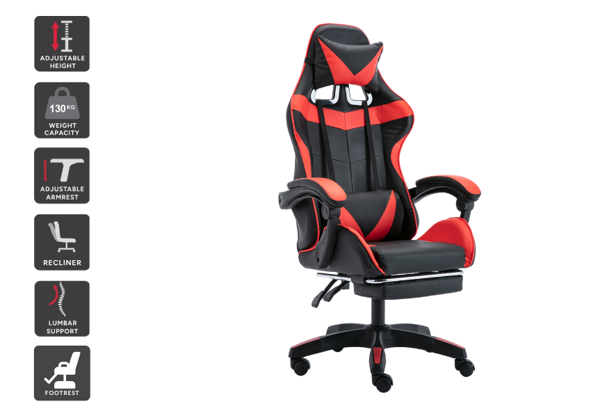 Gaming Chair with Headrest Footrest and Lumbar Support Red