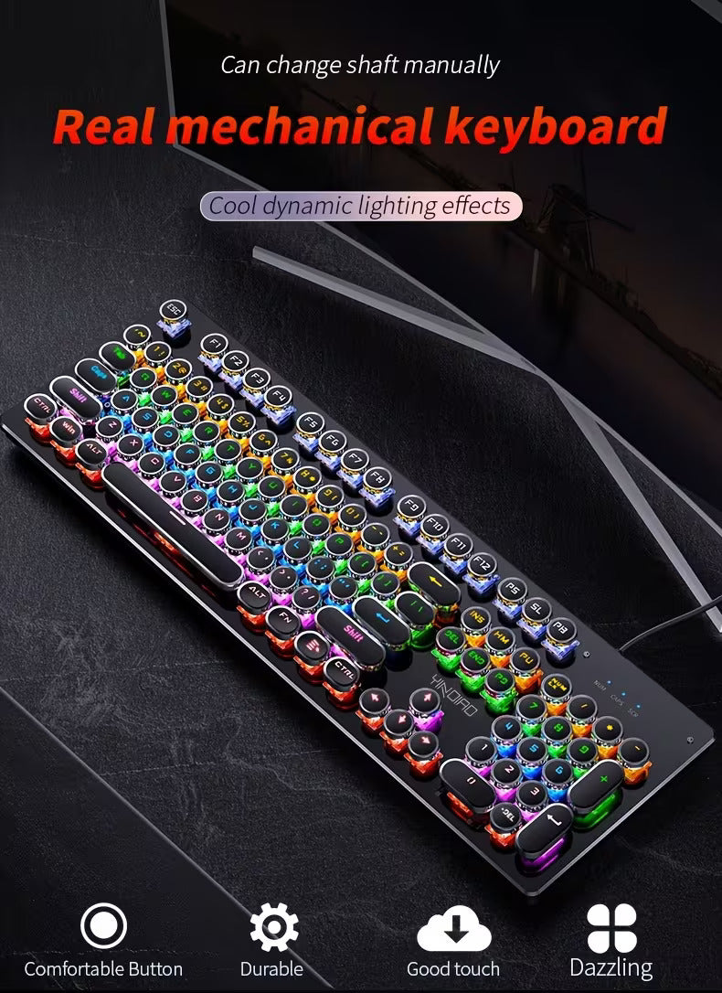 Gaming Real Mechanical Keyboard with 104 Punk Keycaps Colourful Lighting