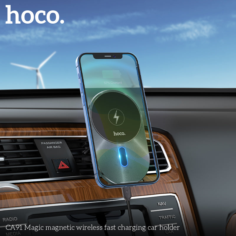 hoco. CA91 Magic Magnetic Wireless Fast Charging Car Mount Gray