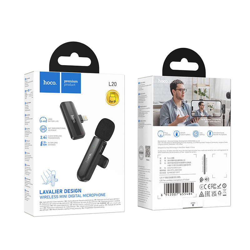 Hoco L20 Lightning Wireless Lavalier Microphone for iPhone