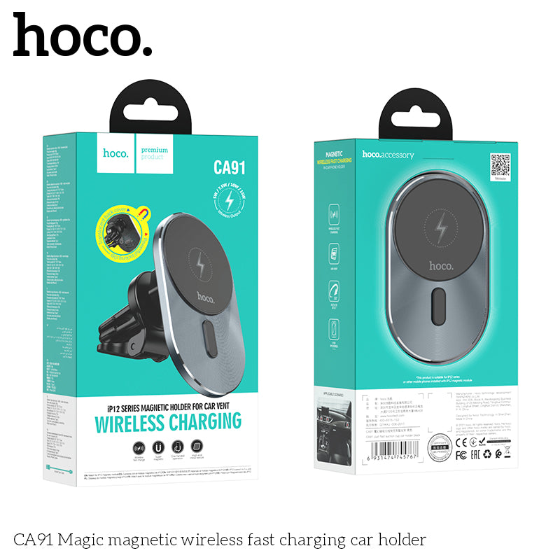 hoco. CA91 Magic Magnetic Wireless Fast Charging Car Mount Gray