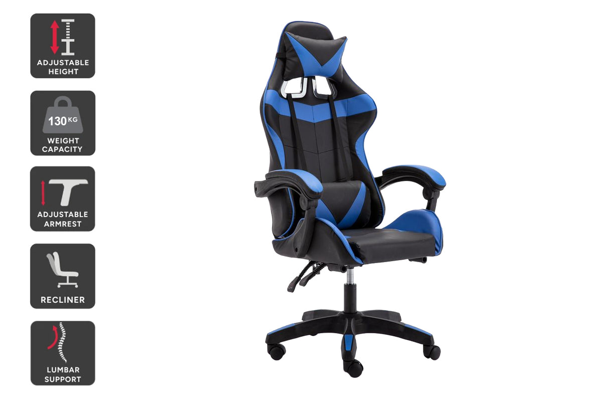 Gaming Chair with Headrest and Lumbar Support - Black Blue