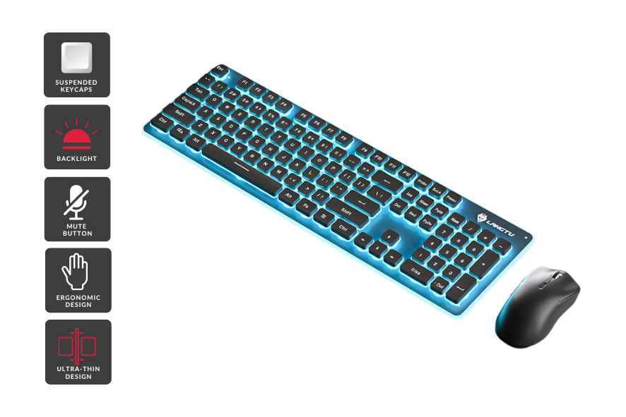 LANGTU LT600 Quiet Work Wireless Keyboard Mouse Combo Black Ice Blue