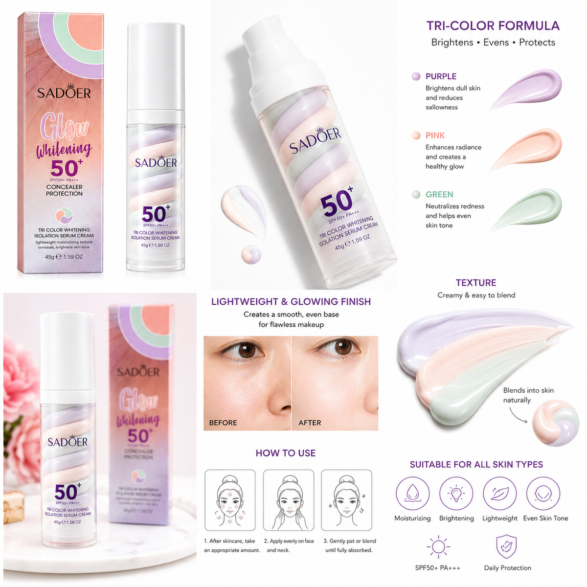 SADOER Glow Whitening Tri-Color Isolation Serum Cream SPF50+ – 45g