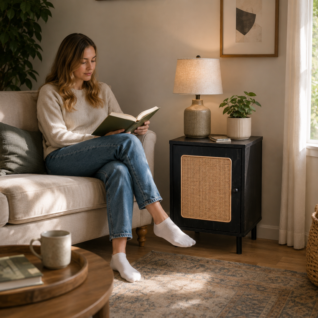 Nordhaven Bedside Cabinet with Woven Door – Black & Natural