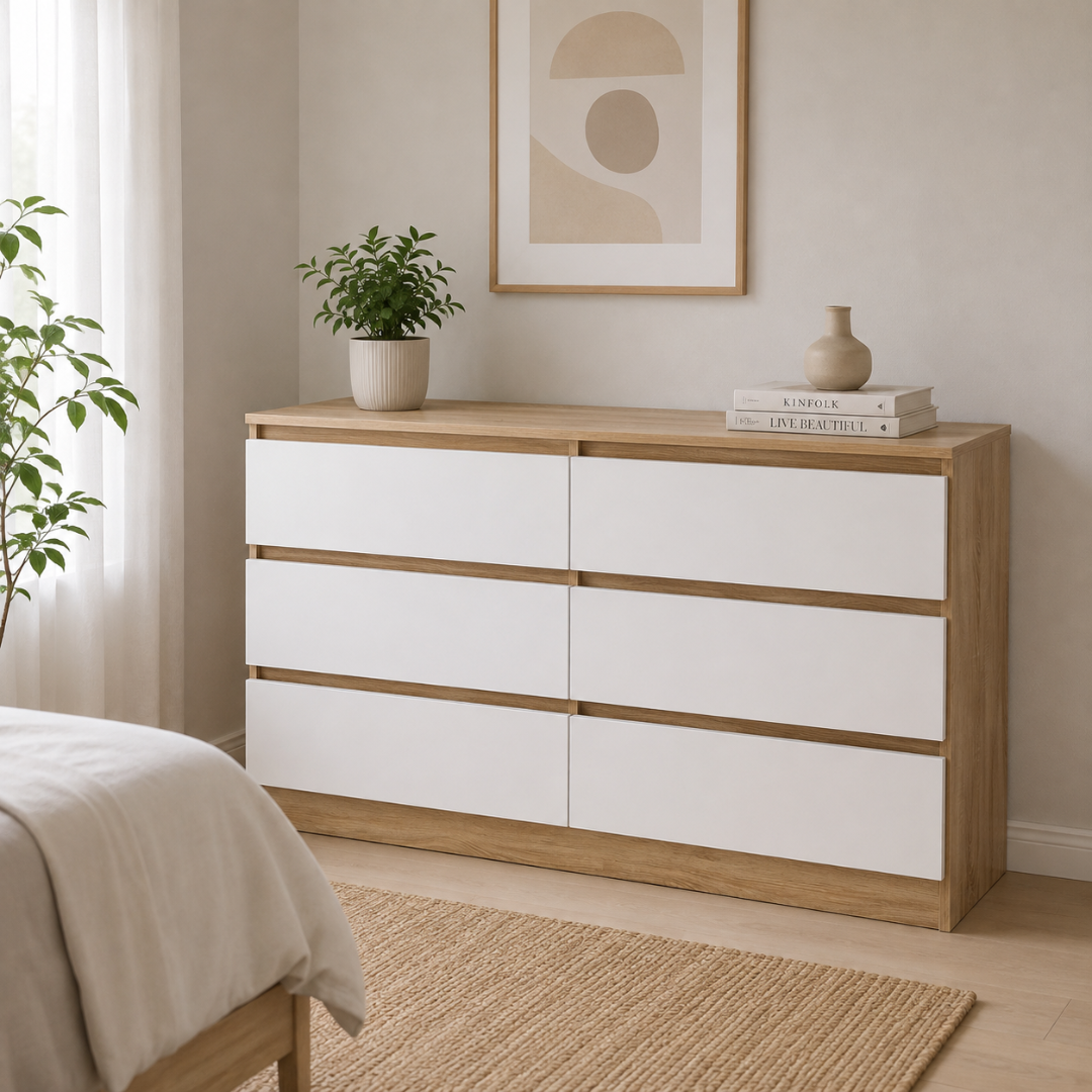 Arlo 6-Drawer Dresser – Light Oak & White