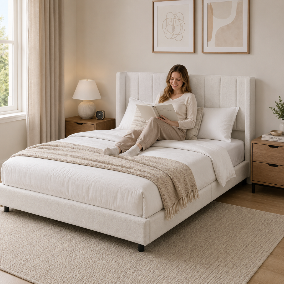 lara Upholstered Bed Frame – Queen, Ivory Beige
