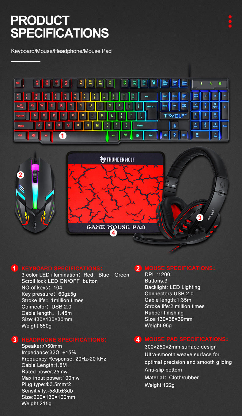 T-Wolf T800 Gaming Set (Headphone Keyboard Mouse Mouse Pad)