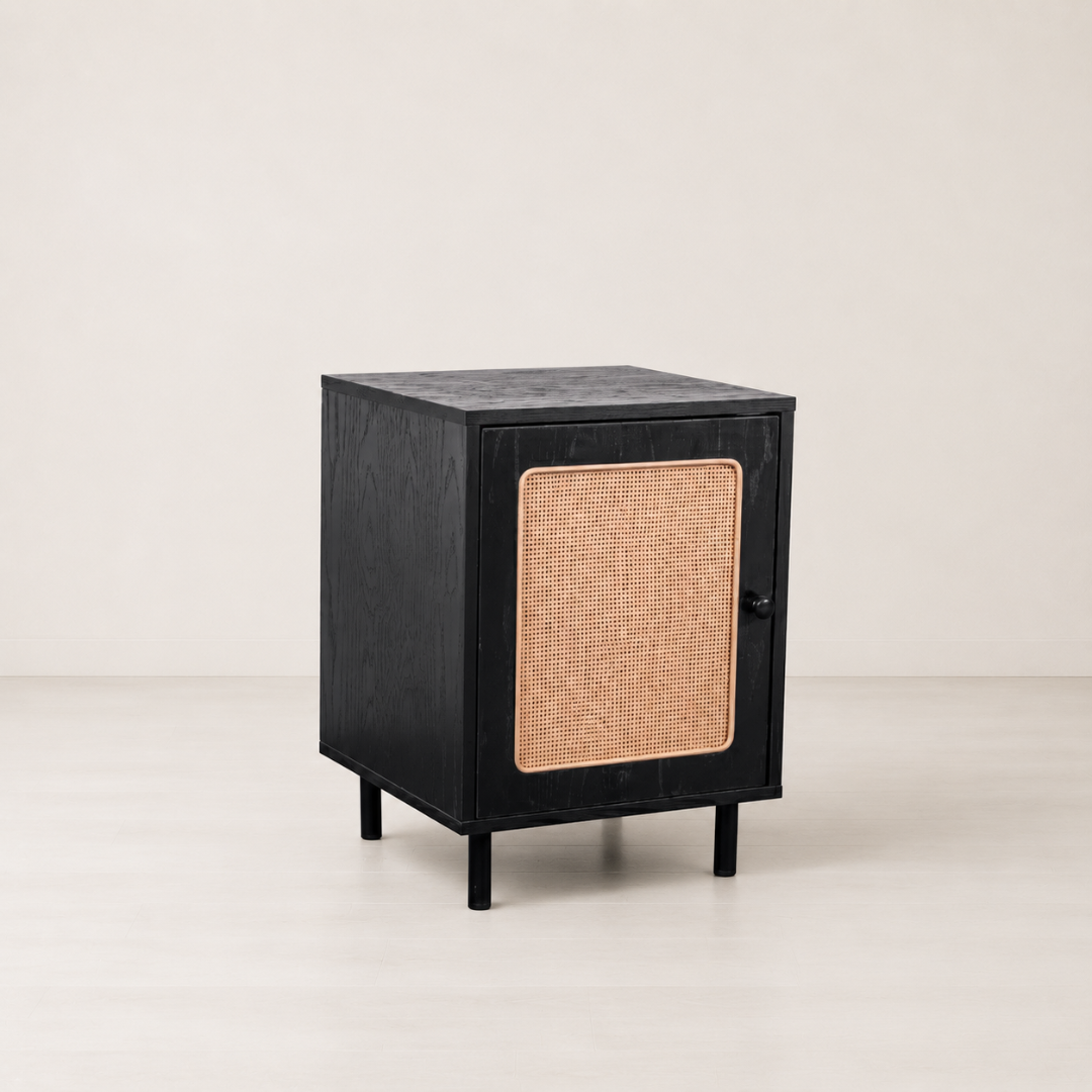 Nordhaven Bedside Cabinet with Woven Door – Black & Natural