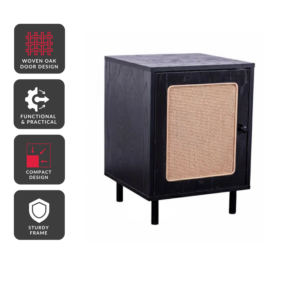 Nordhaven Bedside Cabinet with Woven Door – Black & Natural