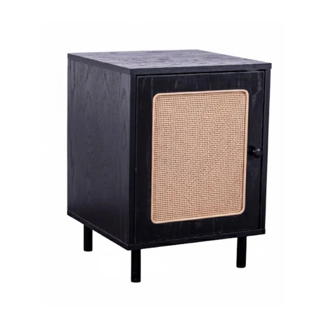 Nordhaven Bedside Cabinet with Woven Door – Black & Natural