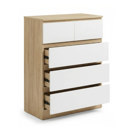 Arlo 5-Drawer Tallboy – Light Oak & White