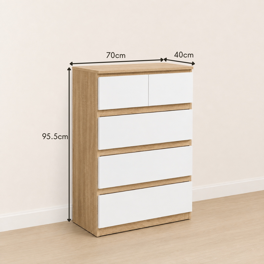 Arlo 5-Drawer Tallboy – Light Oak & White