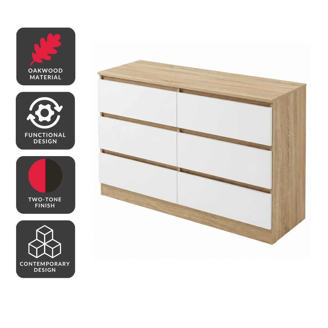 Arlo 6-Drawer Dresser – Light Oak & White
