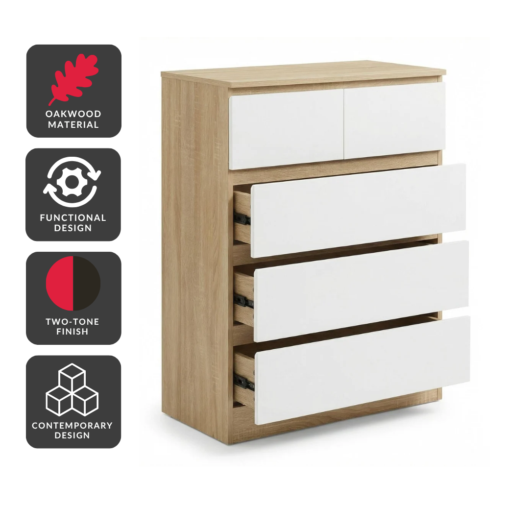 Arlo 5-Drawer Tallboy – Light Oak & White