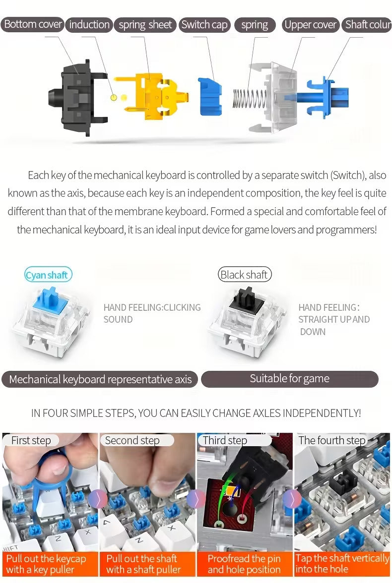 Gaming Real Mechanical Keyboard with 104 Punk Keycaps Colourful Lighting