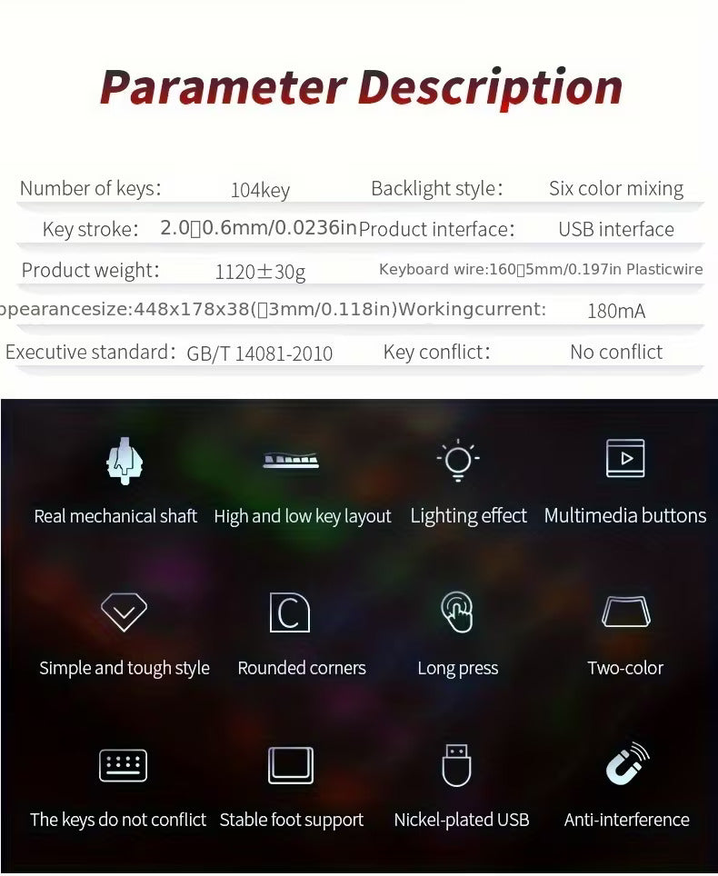 Gaming Real Mechanical Keyboard with 104 Punk Keycaps Colourful Lighting