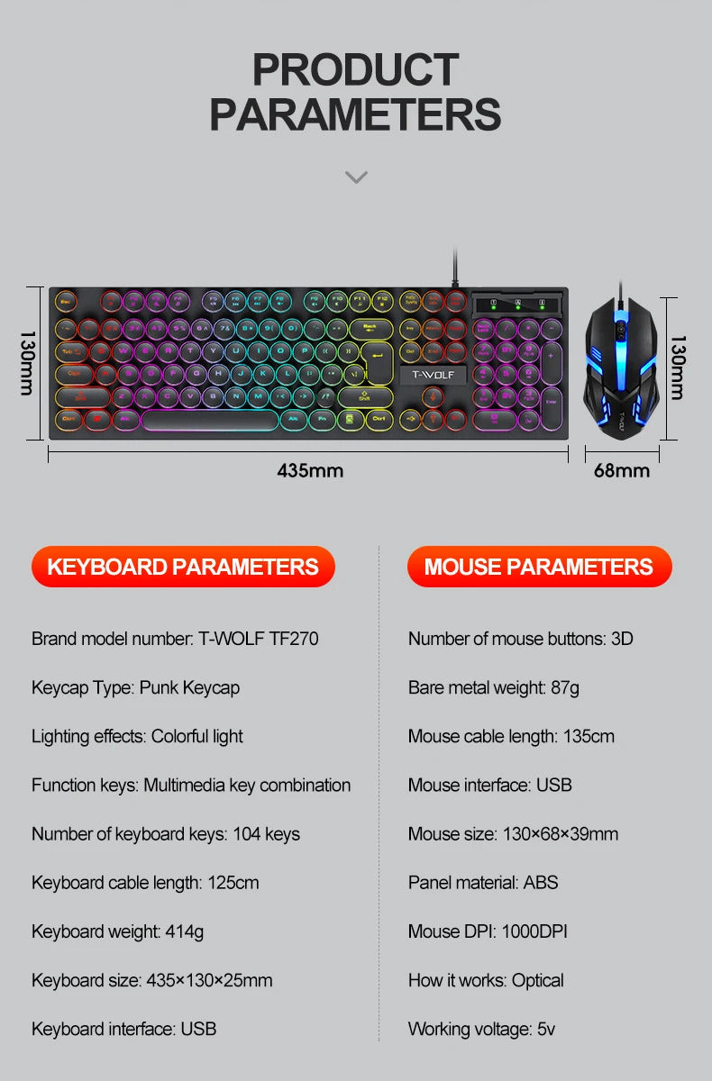 T-Wolf TF-270 Wired Gaming Keyboard and Mouse Set with Backlighting