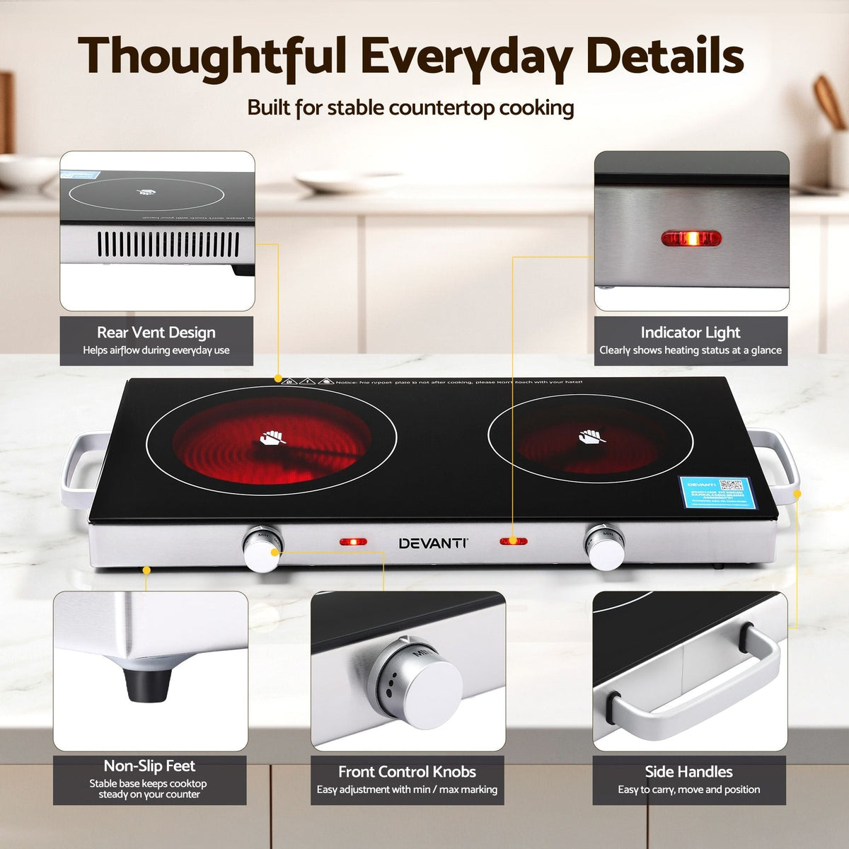 Devanti Portable Ceramic Cooktop Dual Burner Electric Hot Plate 2800W Black