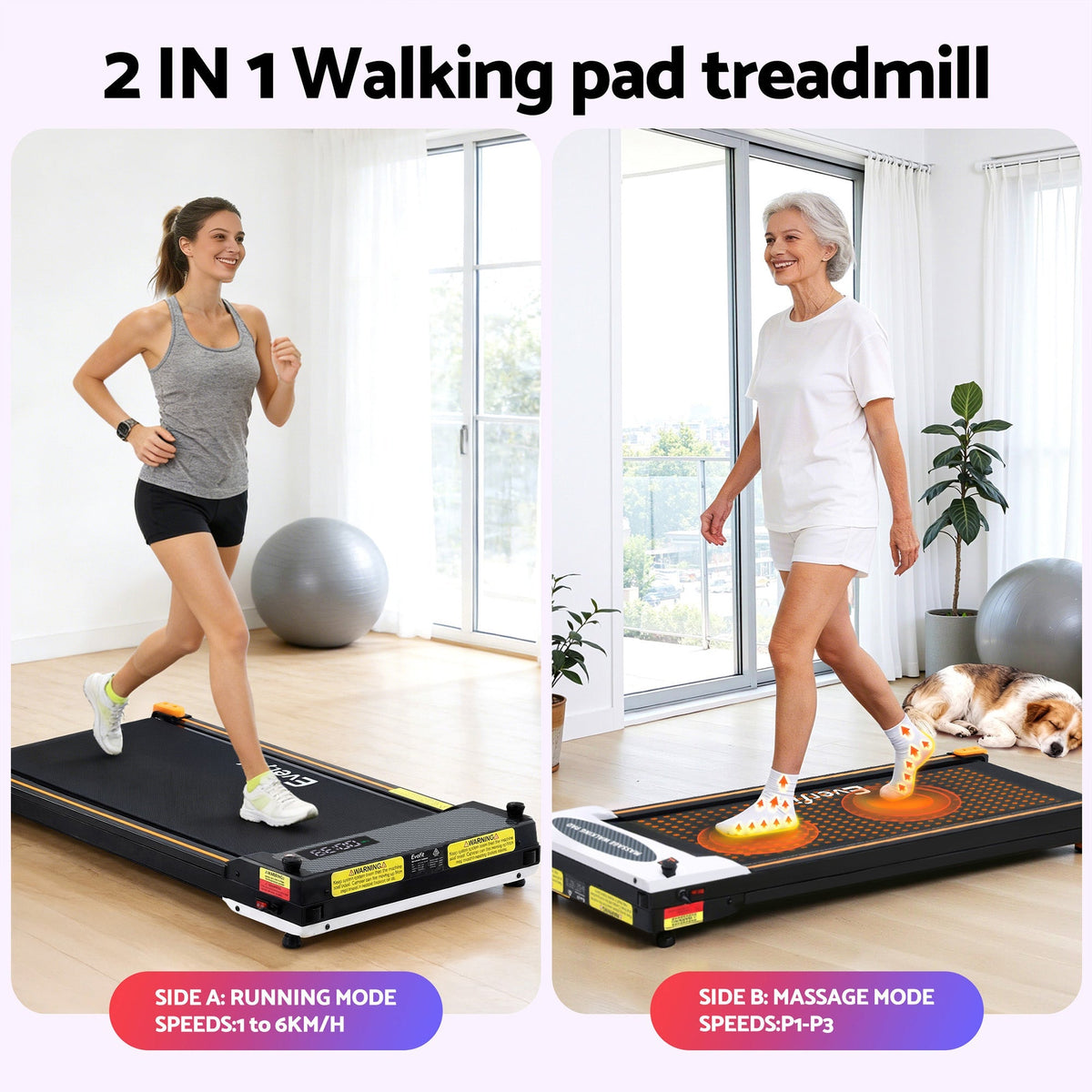 Everfit 2-in-1 Walking Pad Treadmill with Massage Function 380mm Black
