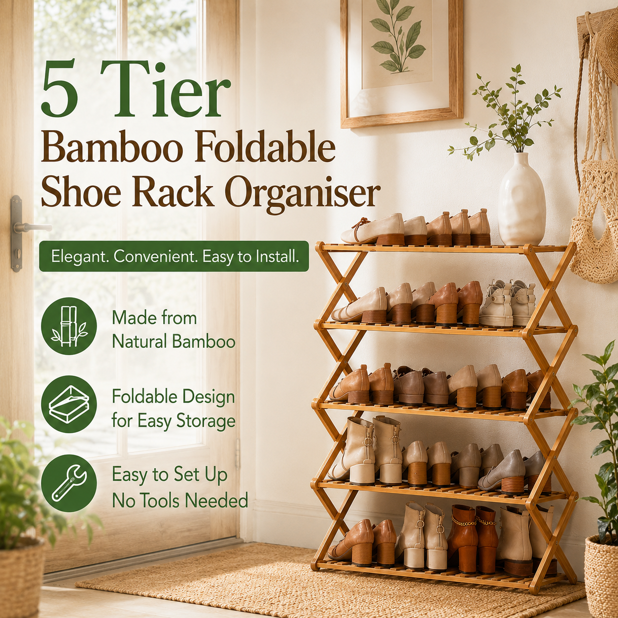 5 Tier Bamboo Foldable Shoe Rack Organiser 78x70cm